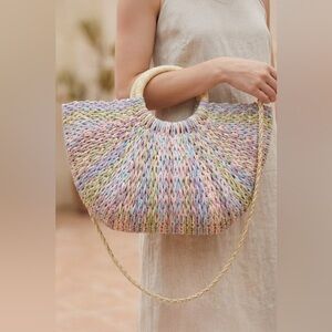 Multi Tone Straw Half Moon Round Handle Tote Bag